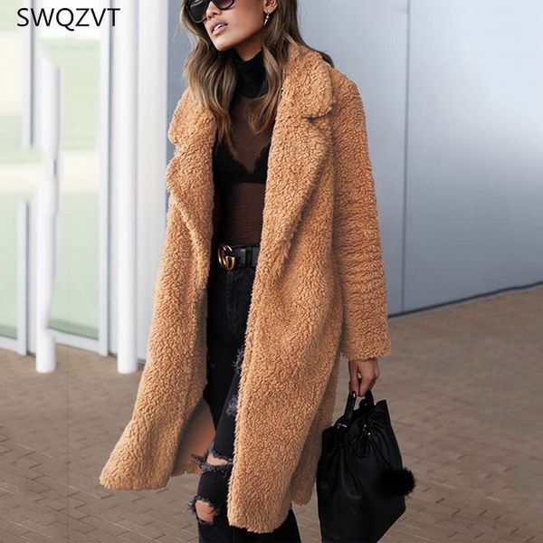 

turn-down collar women jacket casual long sleeve warm fur women jacket coat thick ladies loose clothes women long coat outwear 201026, Black;brown