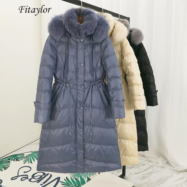 

fitaylor women winter white duck down parka large real fur collar hooded down jacket long coat korean style slim outerwear1, Black