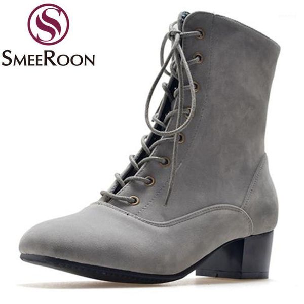 

boots smeeroon plus size fashion flock winter ankle square toe med heels leisure campus ladies simple shoes woman1, Black