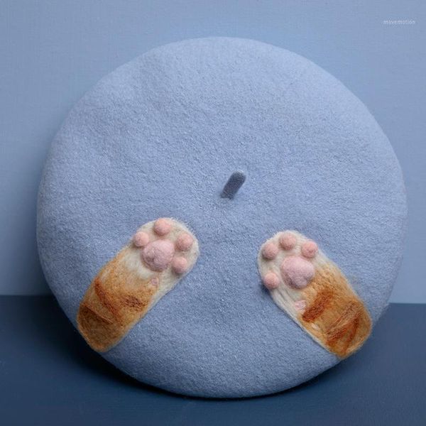 

wool felt soft berets be hilarious express sister qiu dong painter hat cat balls cat claw cap by hand1, Blue;gray