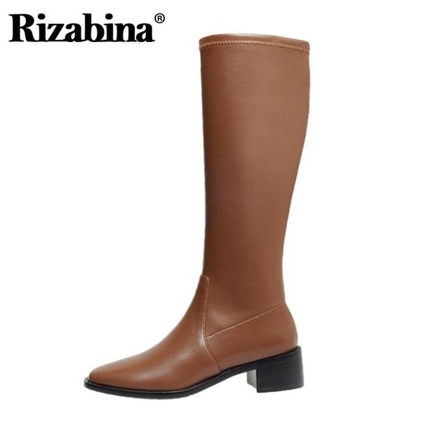 

rizabina women knee shoes fashion thick heel winter shoes women square toe new warm long boot lady office footwear size 33-40, Black