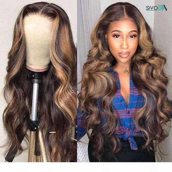 

honey blonde brown highlight wig body wave front for women human hair lace frontal wigs, Black;brown
