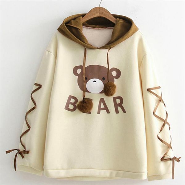 

kawaii hoodies oversized sweatshirt women streetwear wear bear cap long sleeve with ribbon hair ball hoodie, Black