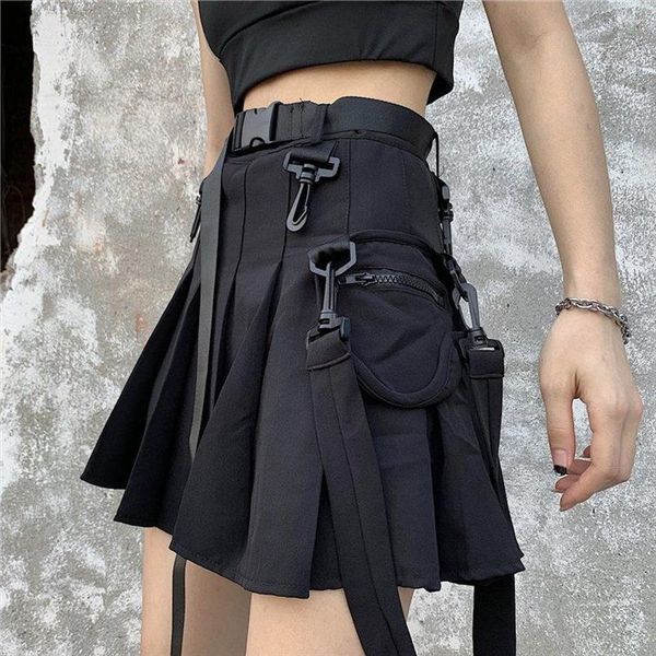 

elegant high waist belt zipper ribbon pocket pleated mini skirt harajuku streetwear korean women gothic hip hop punk skirts, Black