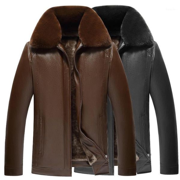 

new pu leather jacket men casual vintage warm plus velvet mens leather jacket coat loose faux fur male coat q21351, Black