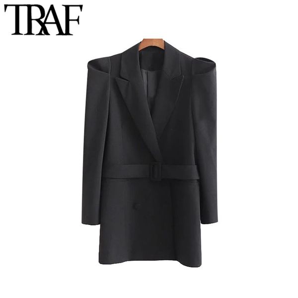 

traf women vintage stylish office wear double breasted blazer coat fashion long puff sleeve with belt female outerwear chic 201201, White;black
