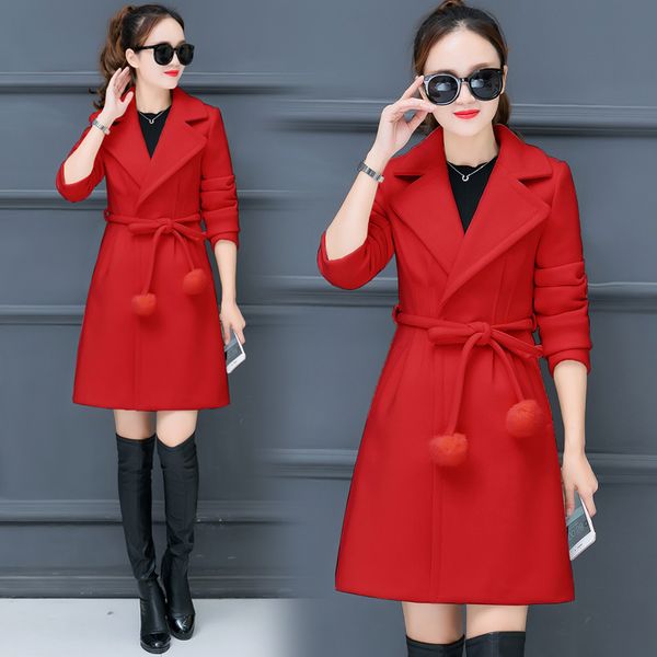 

fashion wild in the long section of autumn and winter women's imitation wool new slim solid color thick woolen coat tb18120, Black