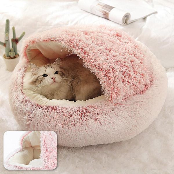 

cat beds & furniture 2021 2-in-1 round plush bed winter warm cave pet small dog sleeping nest kennel soft non slip bottom mat
