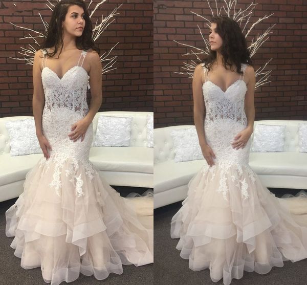 Rüschen Meerjungfrau Hochzeitsempfang Kleider Champagner 2021 Spaghettiträger Perlen Spitze Applikation Tüll formelles Kleid Party Damen Brautkleider