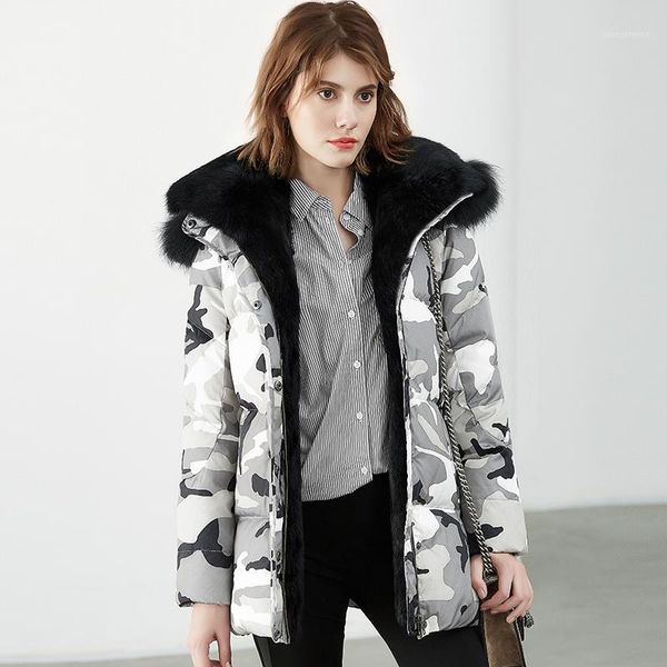 

hooded winter down woman real fur collar plus size camouflage gray female jacket coat casacas para mujer kj5401, Black