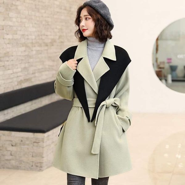 

2020 fashion women solid color shawl woolen coat autumn winter splice loose chic british style female outerwear mulheres casacos1, Black