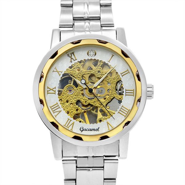 

european and american fashion high-end antique camel fashion watch steel strap hollow gold manual mechanical watch mens cross-border for, Slivery;brown