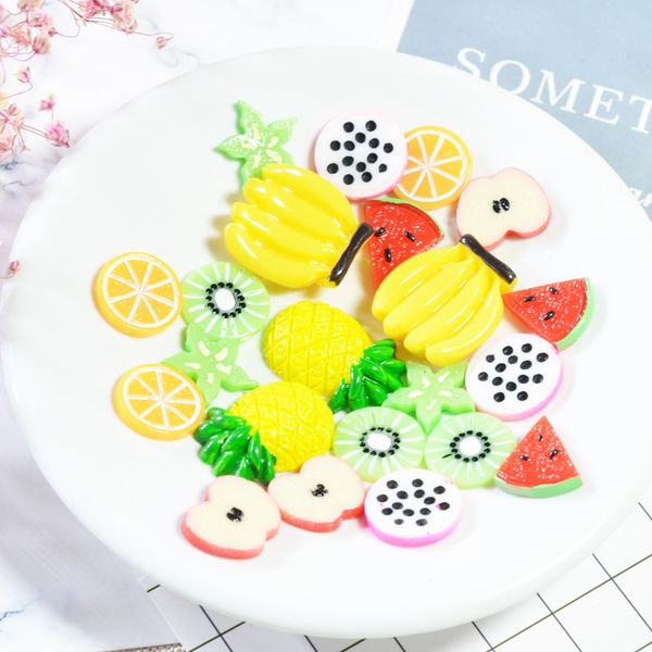

22 pieces lots mixed diy flatbacks resin flat back pitaya orange apple watermelon carambola banana kiwi cabochon buttons scrapbooking slime
