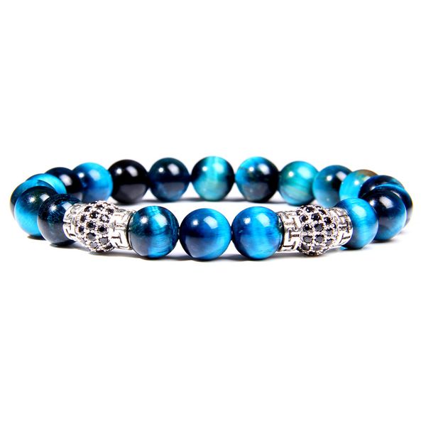 

8 mm polished natural royal blue tiger eye stone beads bracelets men fashion cz silver-plated charm bangle for women jewelry, Black
