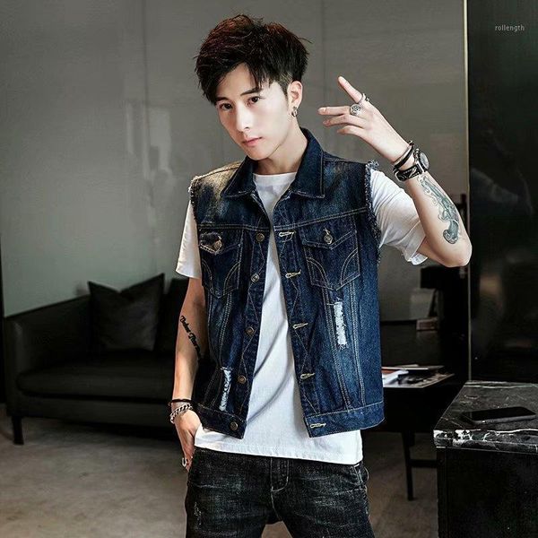 

individuality man ripped vests coat sleeveless denim jacket slim fit male spring summer jean vest blue handsome jackets men1, Black;white