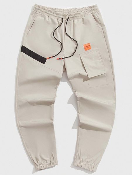 

men patched detail cargo pants 97rk#, Black