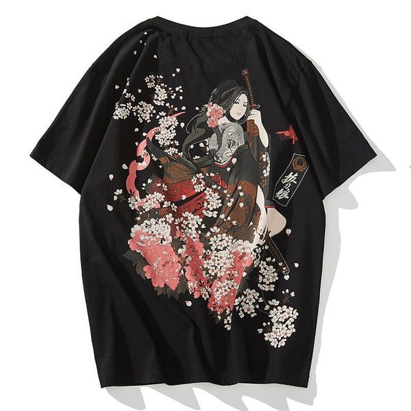 

японский прилив бренд дышащая печать вишневого цветения красоты воина с коротким рукавом ukiyo-e хлопковая футболка летняя мужская рубашка, White;black