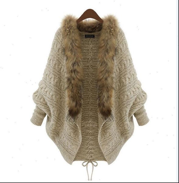 

2021 oversize autumn cape winter women fur neck knitted cardigans female long batwing sleeves vintage open stitch sweater shirt, White;black