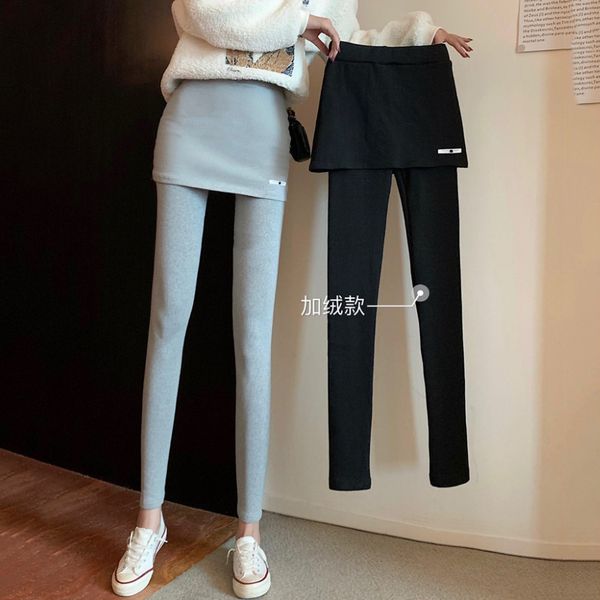 

autumn winter new fake two piece skirt with thin velvet bottom, tight outer wear small leg pants, high waist pants and trousers