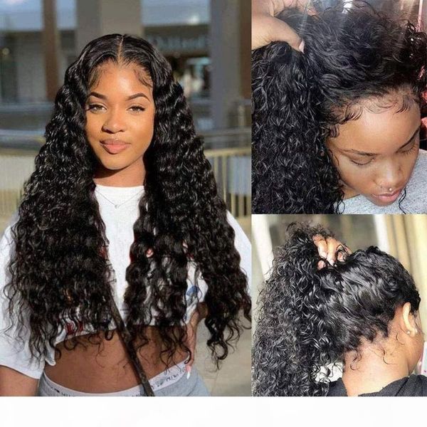 

luvin 28 30 34 38 40 inch deep wave glueless lace front human hair wigs for women brazilian curly frontal wig pre plucked, Black;brown