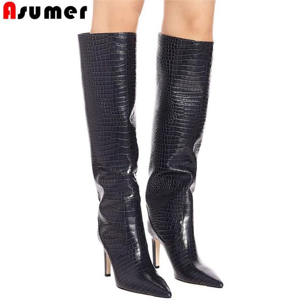 

размер asumer plus 34-43 новых сексуальных шпильки высоких каблуков сапог женщин микроволокно колено высоких сапоги мода скольжение на дашь, Black