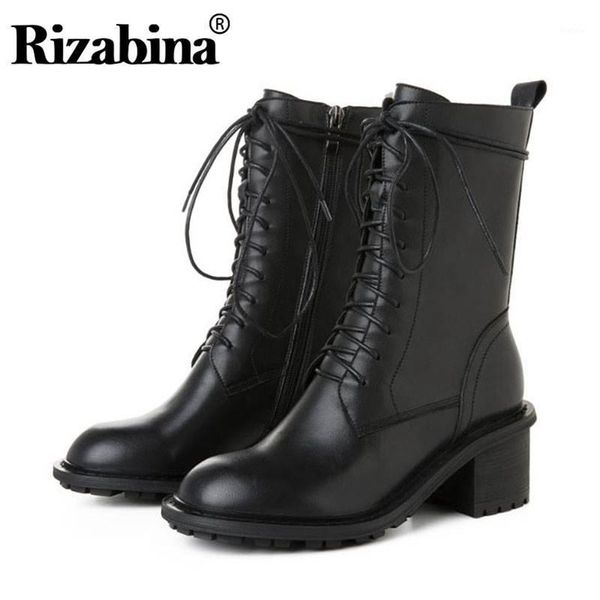 

rizabina women 2020 winter genuine leather motorcycle boots chunky heels zipper fashion shoes women casual botas size 34-431, Black