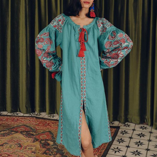 

long sleeve midi tunic dresses green floral embroidery 2021 vintage dress vestidos boho holiday casual women dress robe, Black;gray