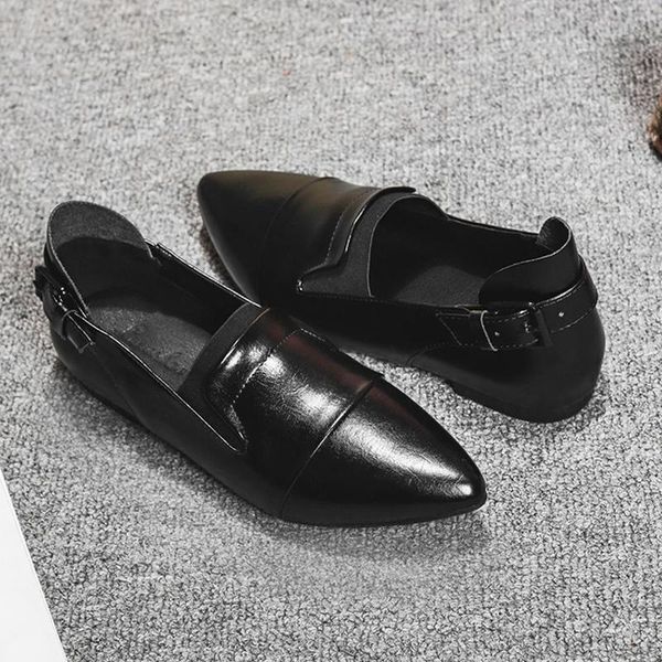 

flat genuine leather office shoes women ballerina pointed toe derby shoes british buckle band flats woman cowhide loafers 2020, Black