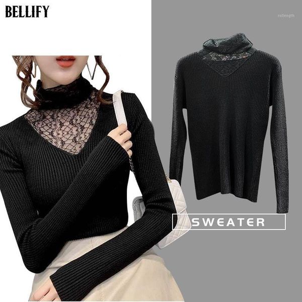 

women's fashion slim fit ladies short lace turtleneck bottomed sweater1, White;black