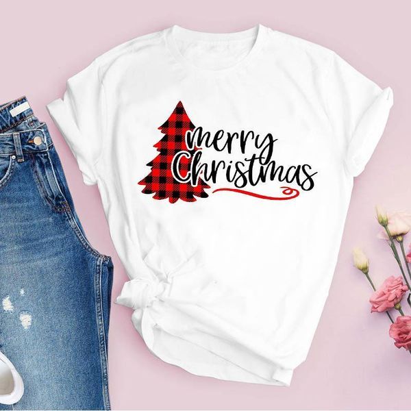 

tees for women print plaid tree letter winter 90s holiday christmas clothes female tshirt lady clothing graphic t-shirt, White