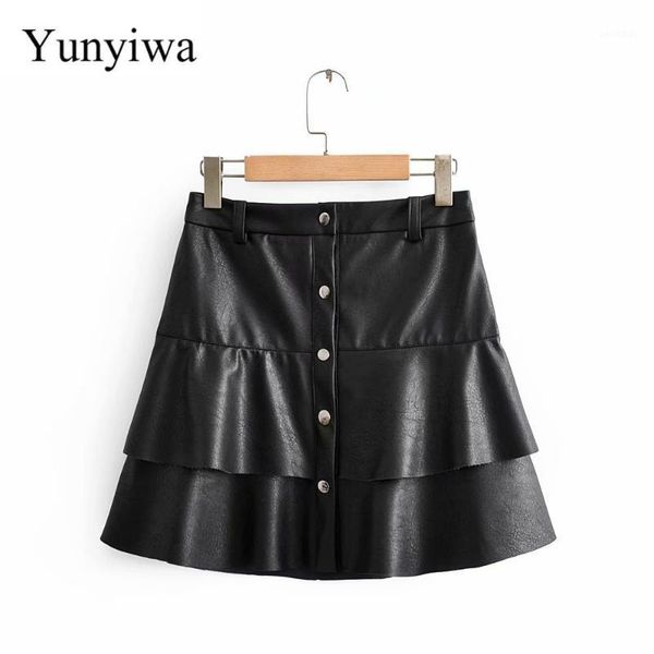 

new women vintage cascading ruffles pu leather mini skirt faldas mujer ladies single breasted casual vestidos chic skirts1, Black