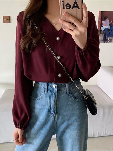 

autumn 2020 new korean v-neck loose thin shirt versatile long sleeve shirt women's design sense minority, White