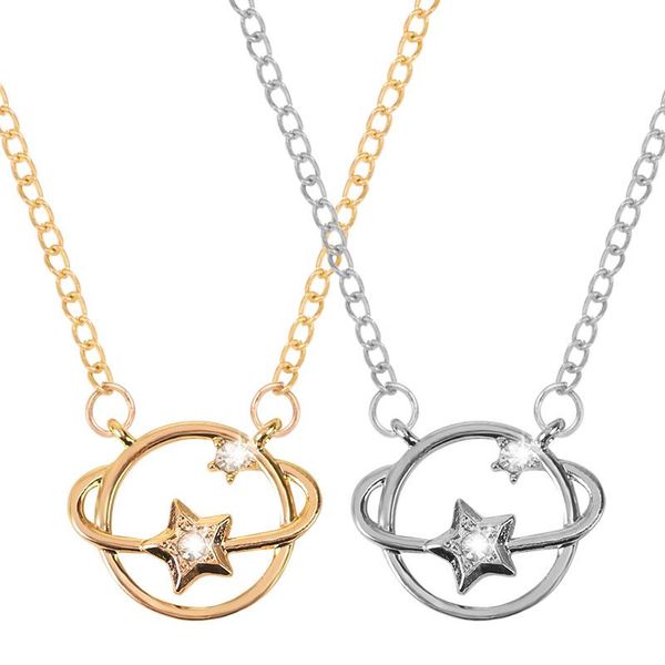 

classic fashion ladies necklace simple round star inlaid rhinestone pendant planet shape alloy girl student commemorative gift, Silver