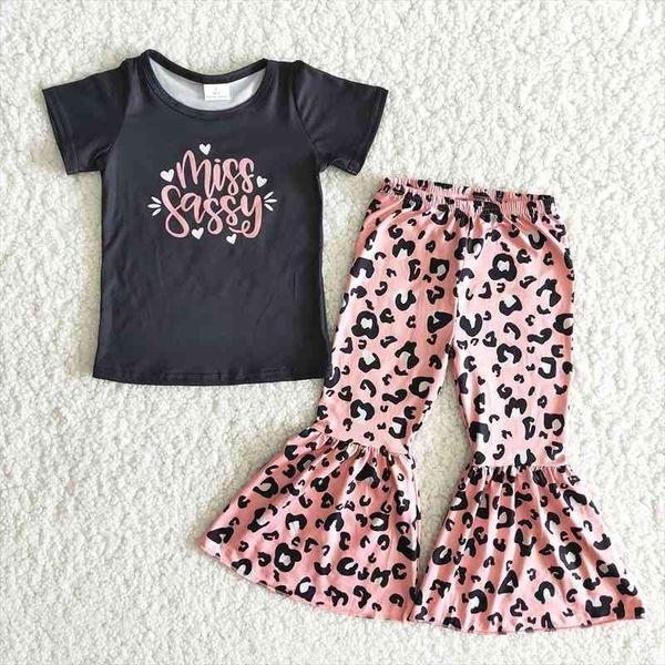 

boutique kids summer short sleeve outfits toddler girl black and bells set letters design leopard clothing suit, White