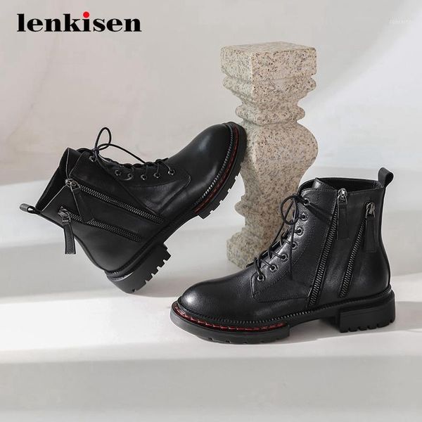 

lenkisen motorcycle boots natural leather maiden platform coolest thick med heel round toe zipper beauty girls ankle boots l711, Black