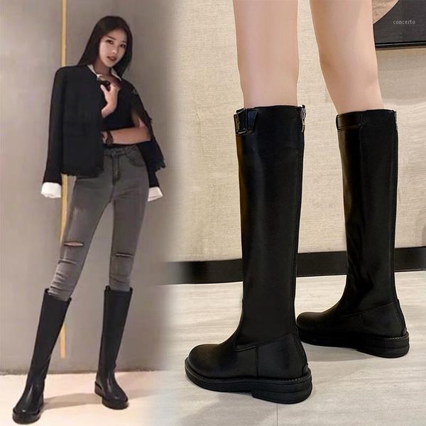 

shoes zipper round toe med heel boots winter footwear boots-women autumn 2020 ladies over-the-knee rock rubber pu basic rome1, Black