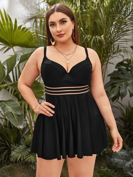

plus mesh insert ruffle bikini swimsuit m93q#, Black