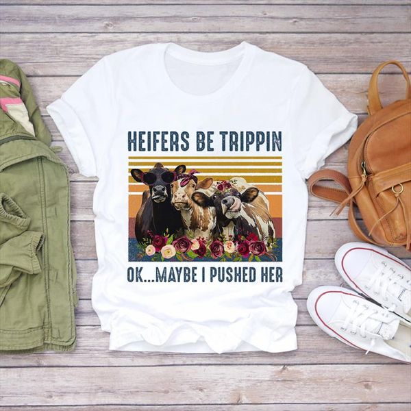 

women cartoon heifer striped clothing trend fashion 90s ladies print lady womens graphic t t shirts shirt female tee shirt, White