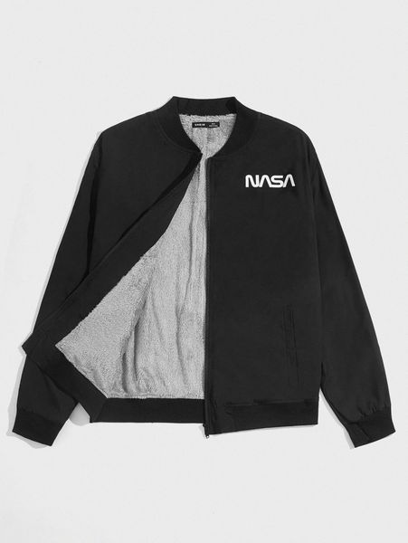 

men letter graphic teddy lined bomber jacket m35c#, Black;brown