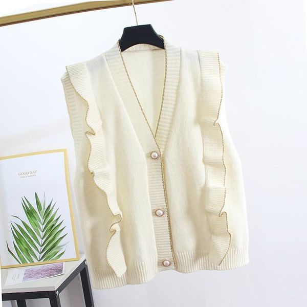 

v-neck knitted vest women's sweater autumn and winter new korean loose wild sweater vest sleeveless button cardigan lady, White