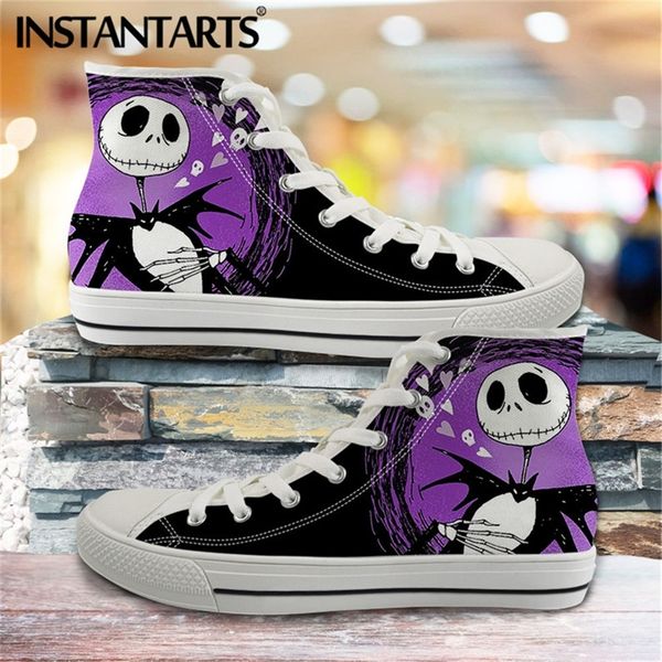 

instantarts men vulcanized sneakers high canvas shoes jack skellington nightmare before christmas printing men's flats shoes y200801, Black