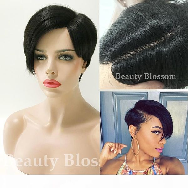 

natural looking short human pixie cut side u part little lace front hair wigs for black women glueless short bob capless wig, Black;brown