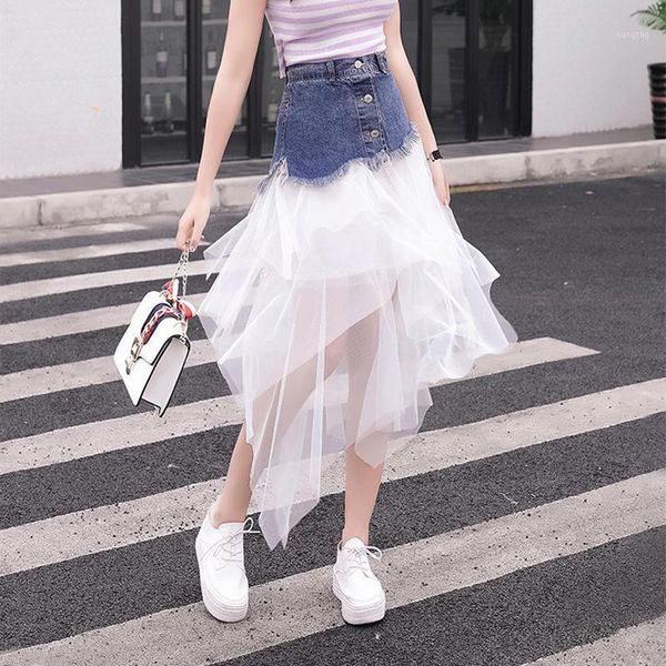 

2020 summer casual skirts womens irregular tulle high waist blue jeans skirt mesh tutu pleated denim patchwork midi skirt saias1, Black