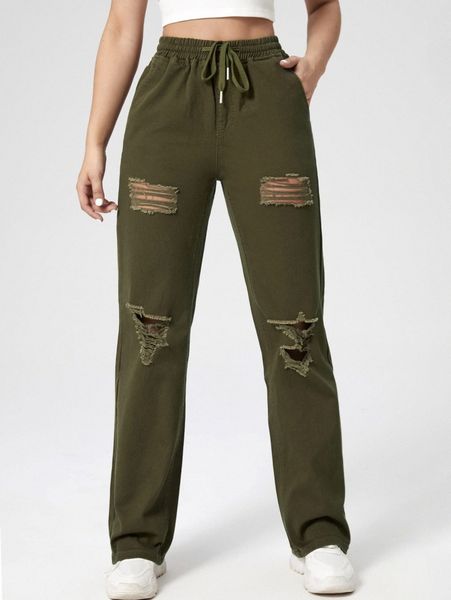 

drawstring waist ripped straight leg jeans l8fw#, Blue