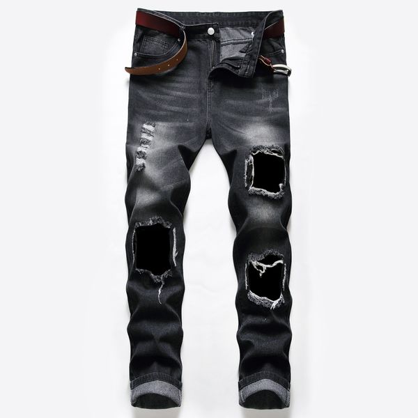 

2020 new men's jeans locomotive trend hole denim pants mid waist straight leg pants trend, Blue