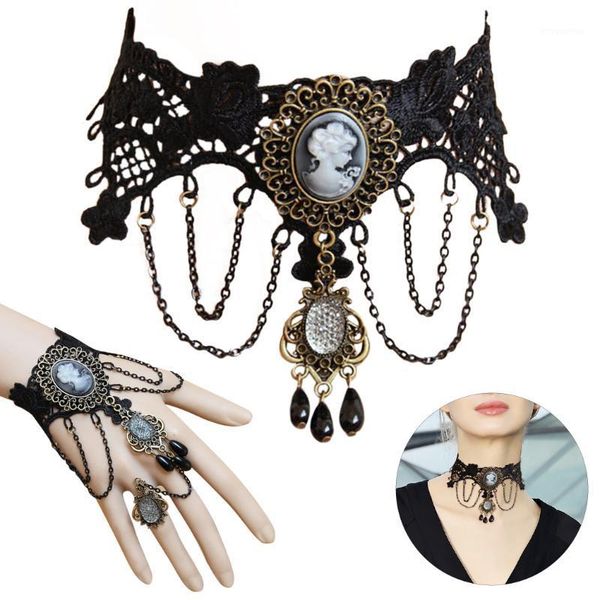 

2pcs/set lace choker necklace gothic clavicle necklace with hand chain for halloween party women cosplay jewellery1, Golden;silver
