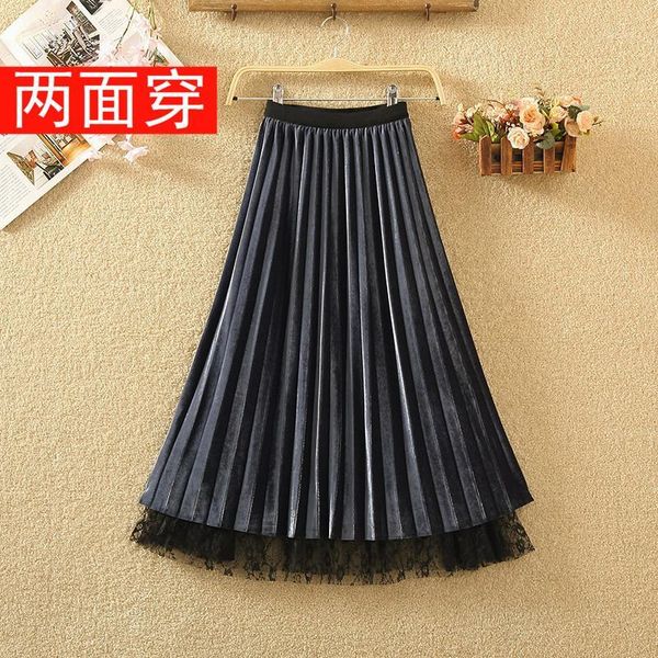 

two sides wear white gauze pleuche skirts female in the new winter show thin tall waist long pleated skirt lace veil1, Black