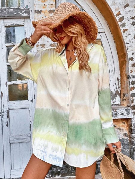 

tie dye drop shoulder blouse f1zs#, White