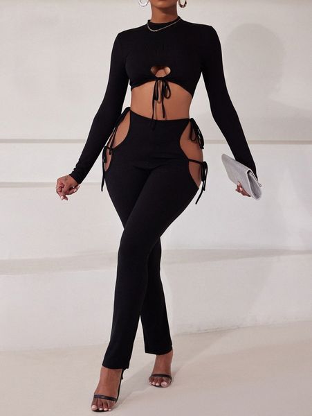 

sxy stand neck drawstring crop & knot side cut out pants z4en#, White