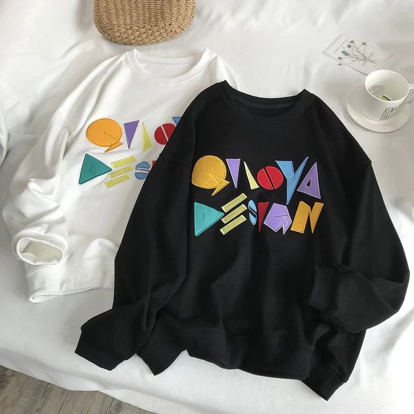 

nmukc q5712-korean women's clothing 2020 embroidered sweater spring and autumn sweater loose embroidered neck color new round geometric, Black